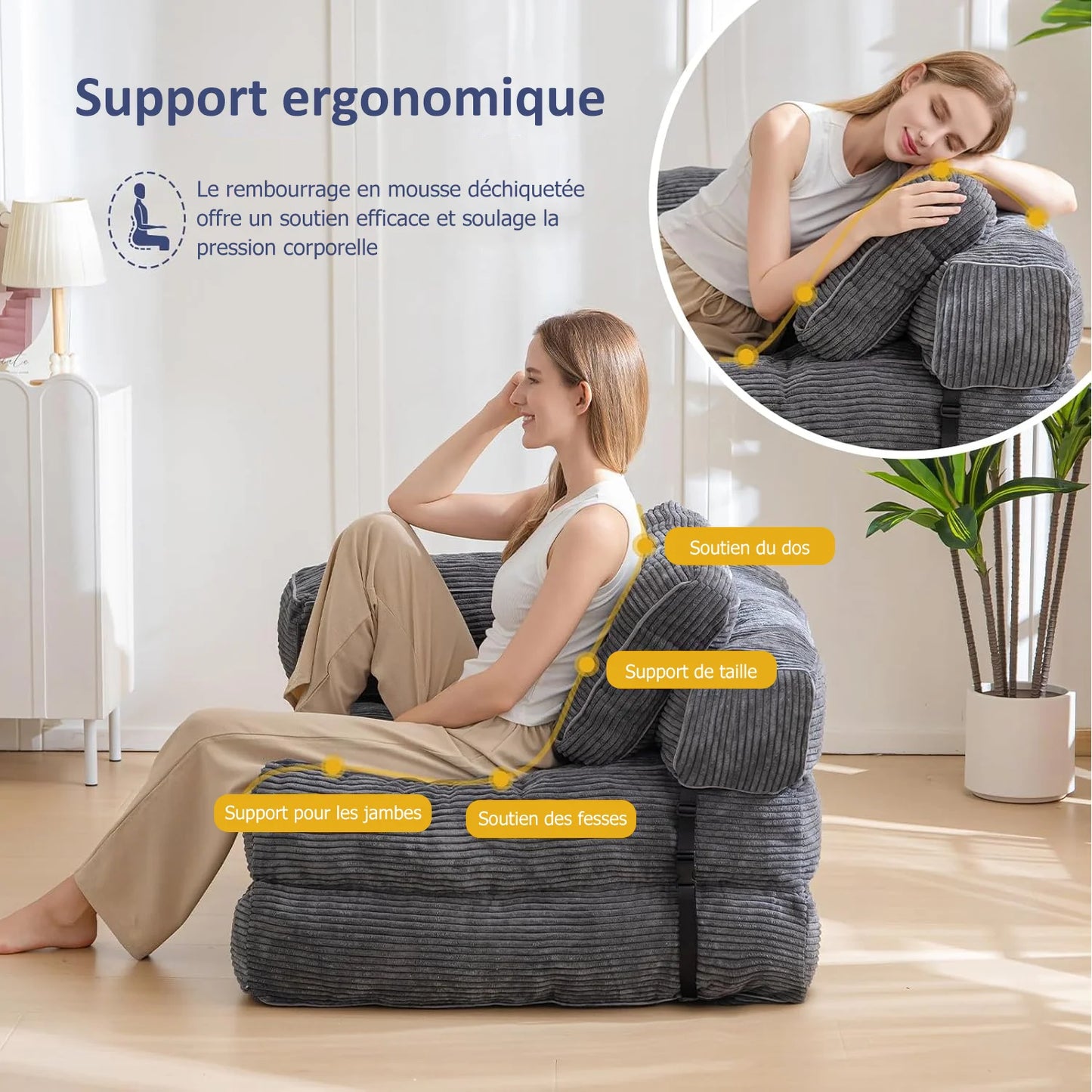 Sillón Cama Plegable Convertible | Sofá Individual con Cojín y Respaldo para Salón