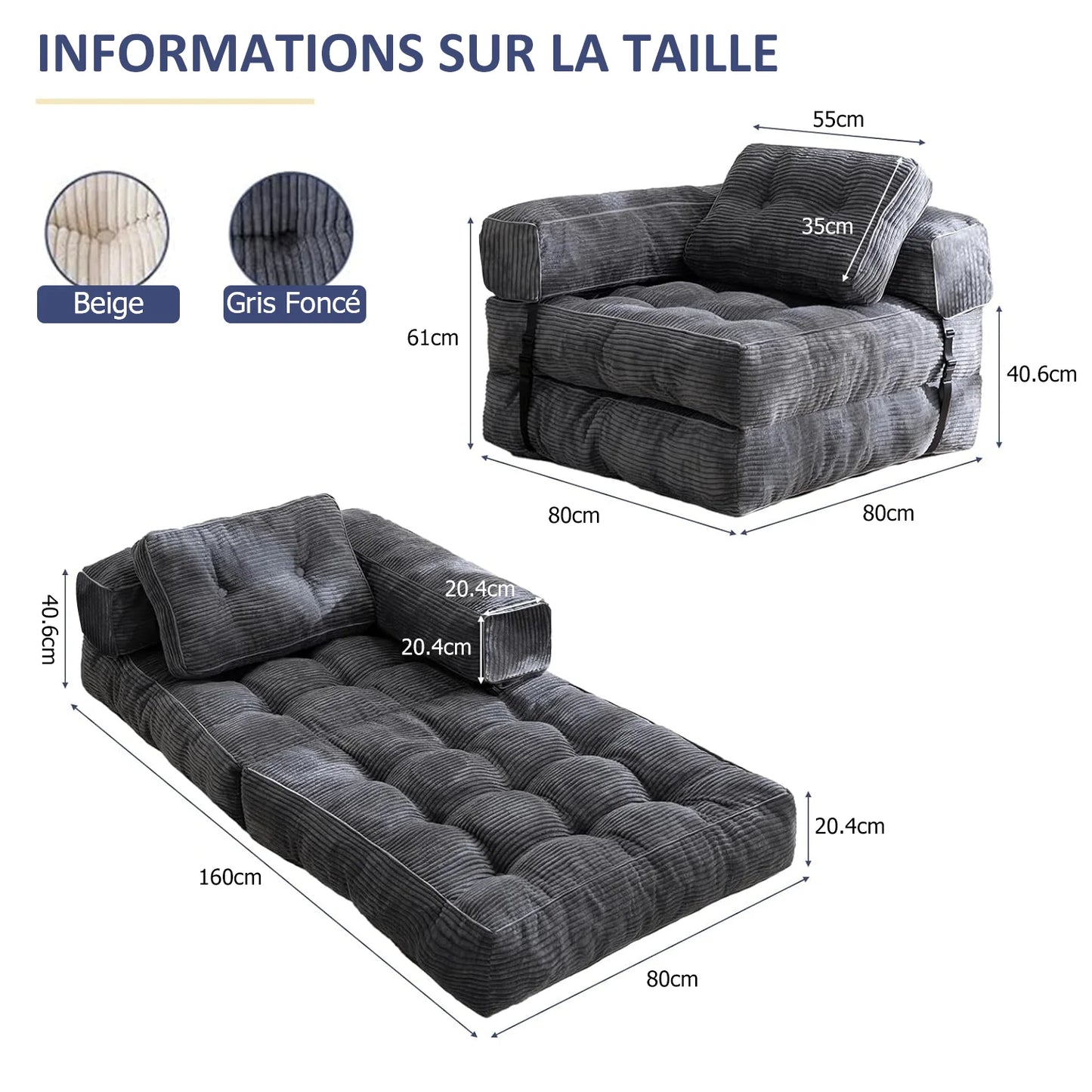 Sillón Cama Plegable Convertible | Sofá Individual con Cojín y Respaldo para Salón