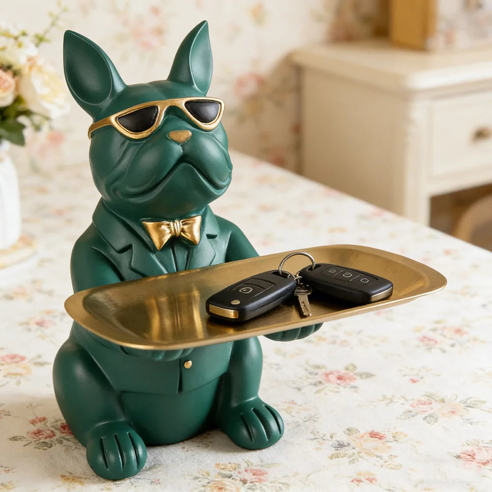 Figura Bulldog con Bandeja Decorativa | Organizador de Llaves y Objetos para Hogar