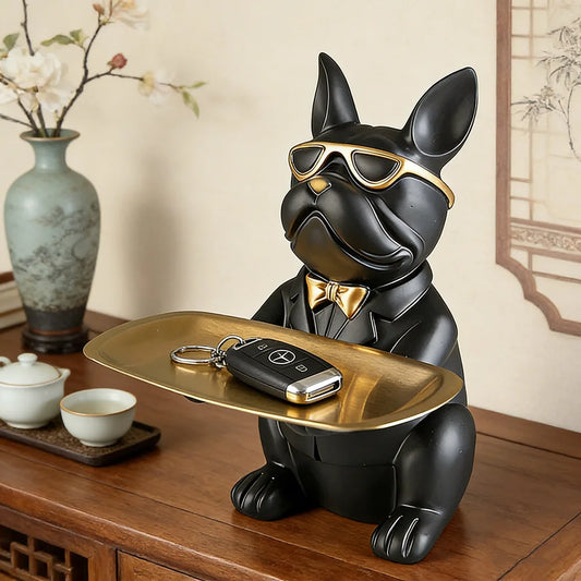 Figura Bulldog con Bandeja Decorativa | Organizador de Llaves y Objetos para Hogar